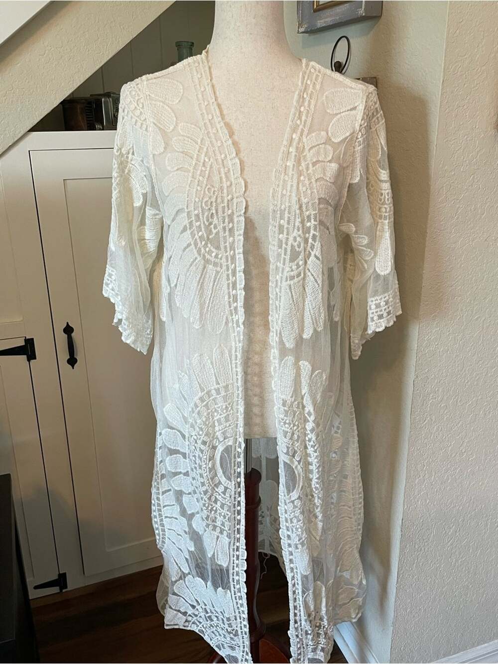 Rebellion Again Ivory Lace Kimono Duster Cardigan Floral Mesh Boho Large